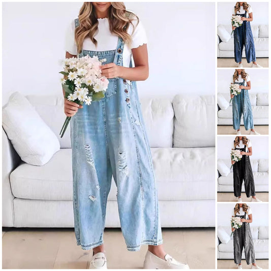 🔥Limited time sale 49% OFF💕Women's Cute Casual Button Jumpsuit Ripped Denim Overalls