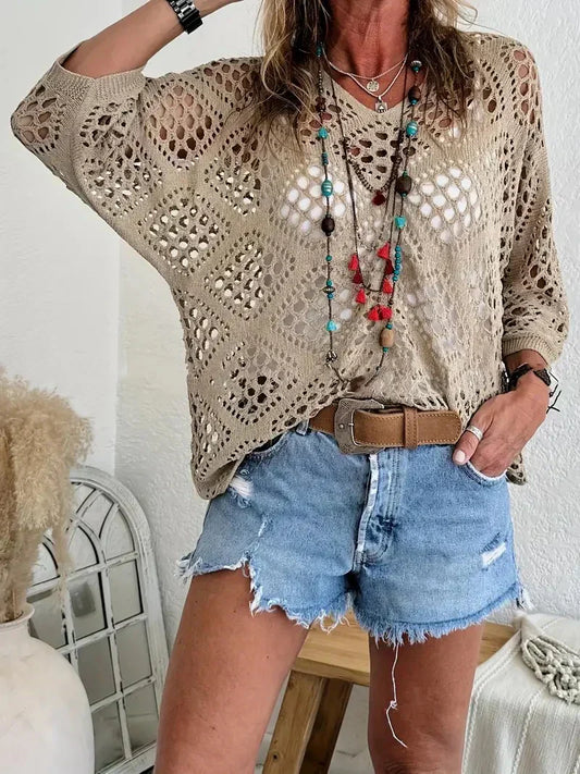 ⏰Last day sale 70% OFF🔥Womens Bohemian-Inspired Beige Crochet Top with V-Neck