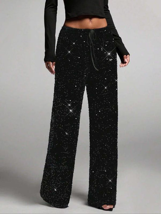 💖LAST DAY SALE 65% OFF💃Women's Sequin Sparkle Wide Leg Pants with Elastic Waistband