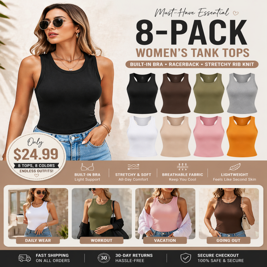🔥This Week's Special Price--£10.99🍃Round Neck Ribbed Built-In Bra Tank Top | All-Day Support Casual Comfort Camisole, No Bra Needed💥
