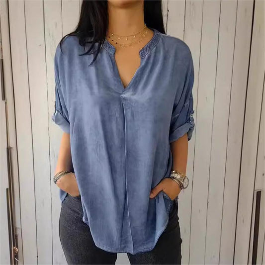 Casual Breathable Solid Color V-Neck Top