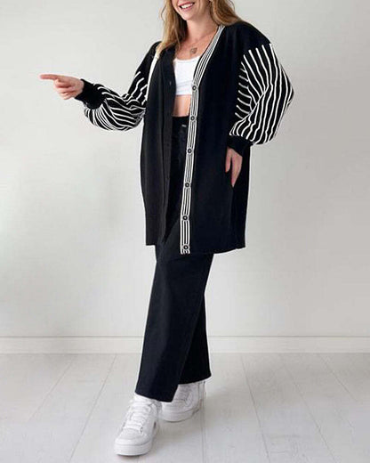 Balloon Sleeve Striped Knitwear Cardigan & Pants Two-piece Set