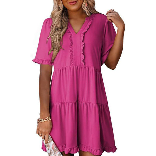🔥🌈2026 Summer Hot Sale 70% OFF🌈Women's V Neck Ruffle Casual A-Line Flowy Swing Shift Dress