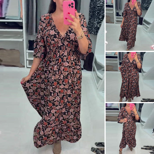 ⏳Time-limited Special 60%OFF⏰V-neck comfy Printed long Dress