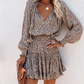 Women's V-Neck Long Sleeve Ruffle Hem Mini Dress