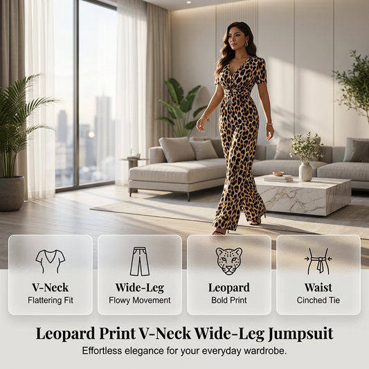 🎁New arrival 70% OFF💥Leopard Print V-Neck Wide-Leg Jumpsuit