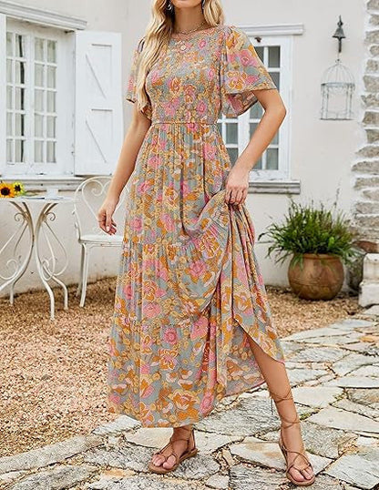 🌷Early Summer Sale-70% Off🌸2026 Summer Casual Floral Print Short Flutter Sleeve Crew Neck Smocked High Waist Flowy Maxi Dress