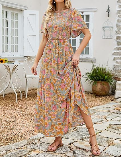 🌷Early Summer Sale-70% Off🌸2026 Summer Casual Floral Print Short Flutter Sleeve Crew Neck Smocked High Waist Flowy Maxi Dress