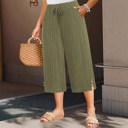 Women's Ribbed Wide-Leg Capri Pants with Pockets