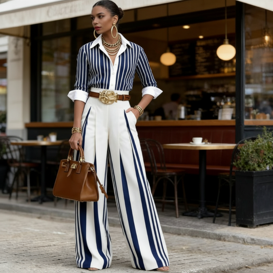 🥳SUMMER HOT SALE 70% OFF🥳💞 Women's Striped Shirt & Wide-Leg Pants 2-Piece Set