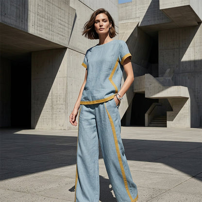Women's Casual 2-Piece Set – Top & Shorts/Pants, Contrast Trim, Soft Fabric