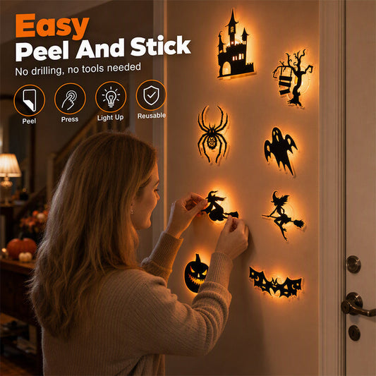 🥳2026 HOT SALE🥳💞50K+ SOLD!🎃👻 50% OFF! Halloween Glow in Dark Wall Stickers – LED glow, peel & stick, 3D silhouette design. Soft ambient light – perfect for doors, windows & party walls! 🌙✨