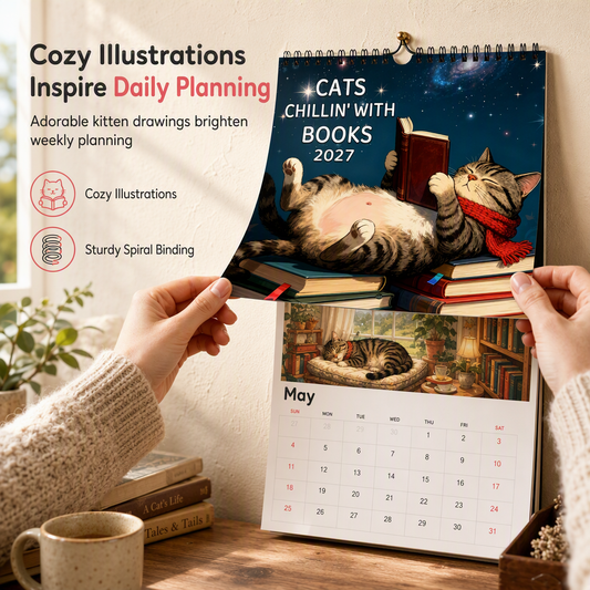 12-Month Wall Calendar Featuring Relaxing Cats Reading Books