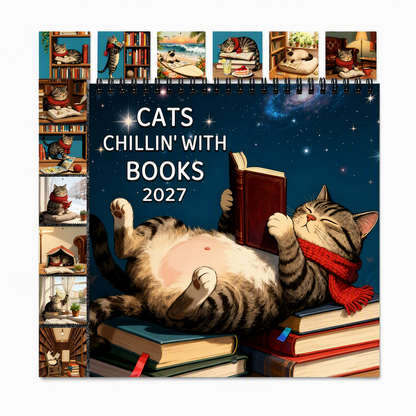 12-Month Wall Calendar Featuring Relaxing Cats Reading Books