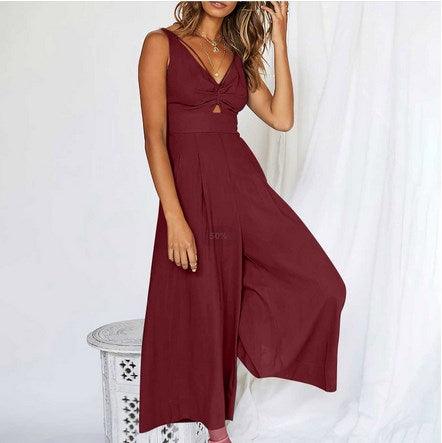 V Neck Cutout High-Waist Jumpsuits - dressowy