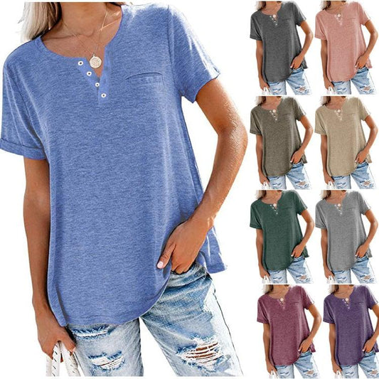 Fashion Solid Color Pocket Short Sleeve T-Shirt - dressowy