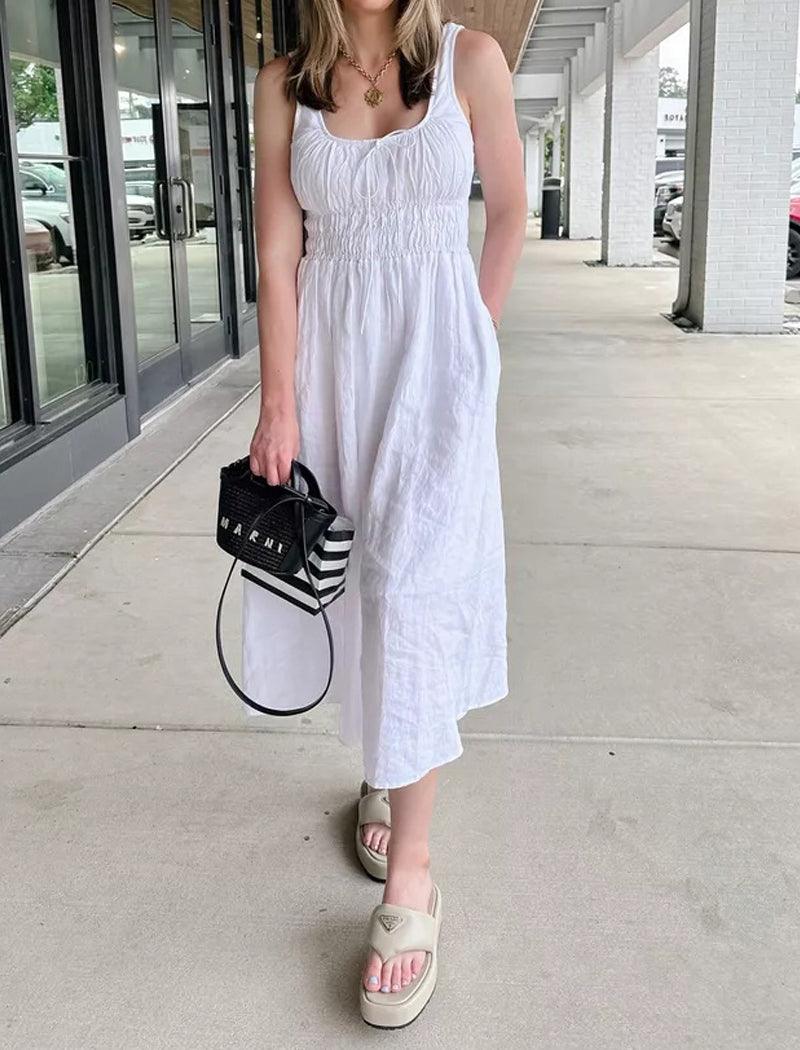 Smocked Linen Dress (Buy 2 Free Shipping) - dressowy