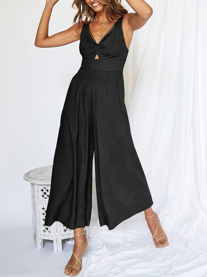 V Neck Cutout High-Waist Jumpsuits - dressowy