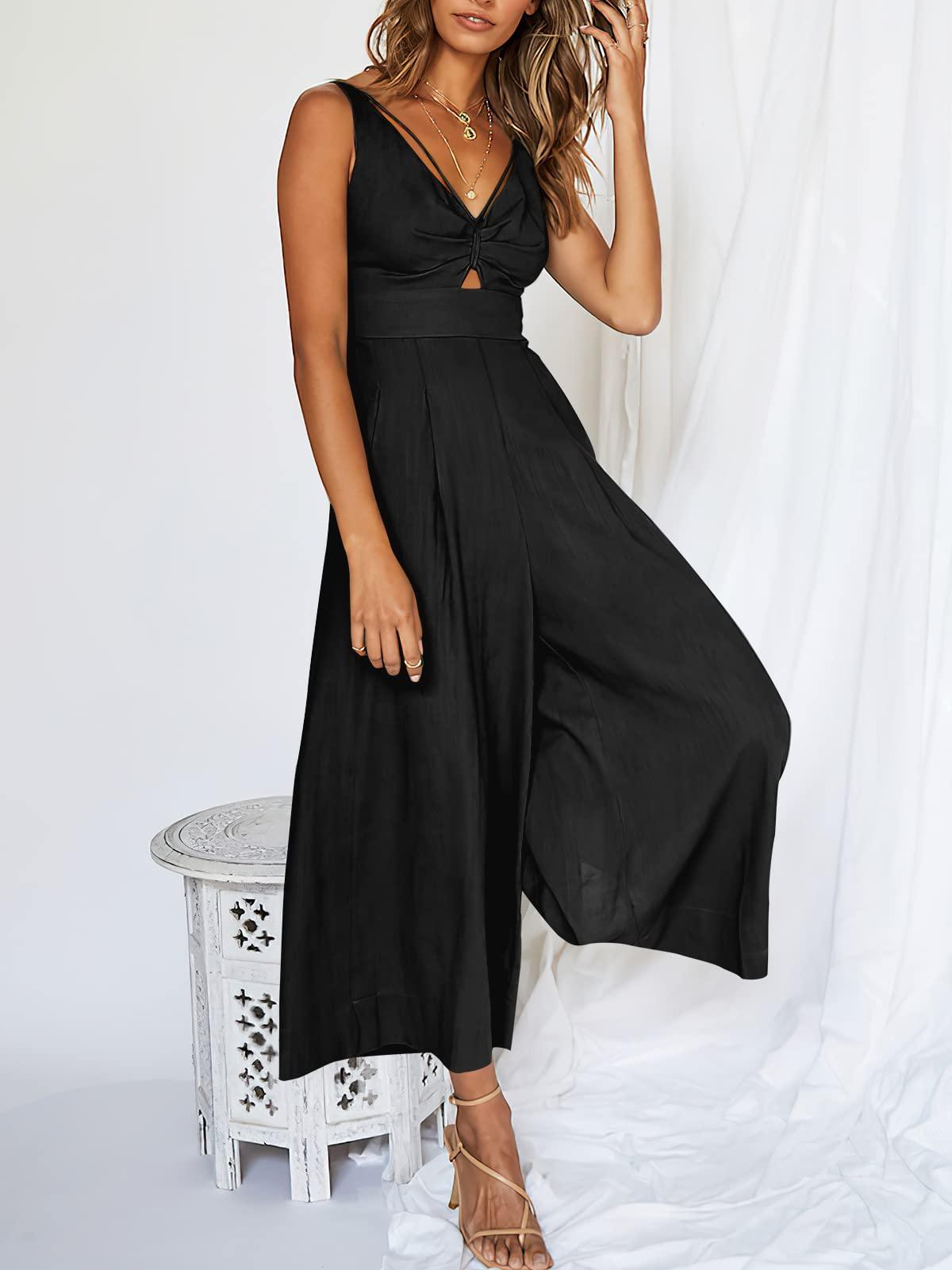 V Neck Cutout High-Waist Jumpsuits - dressowy