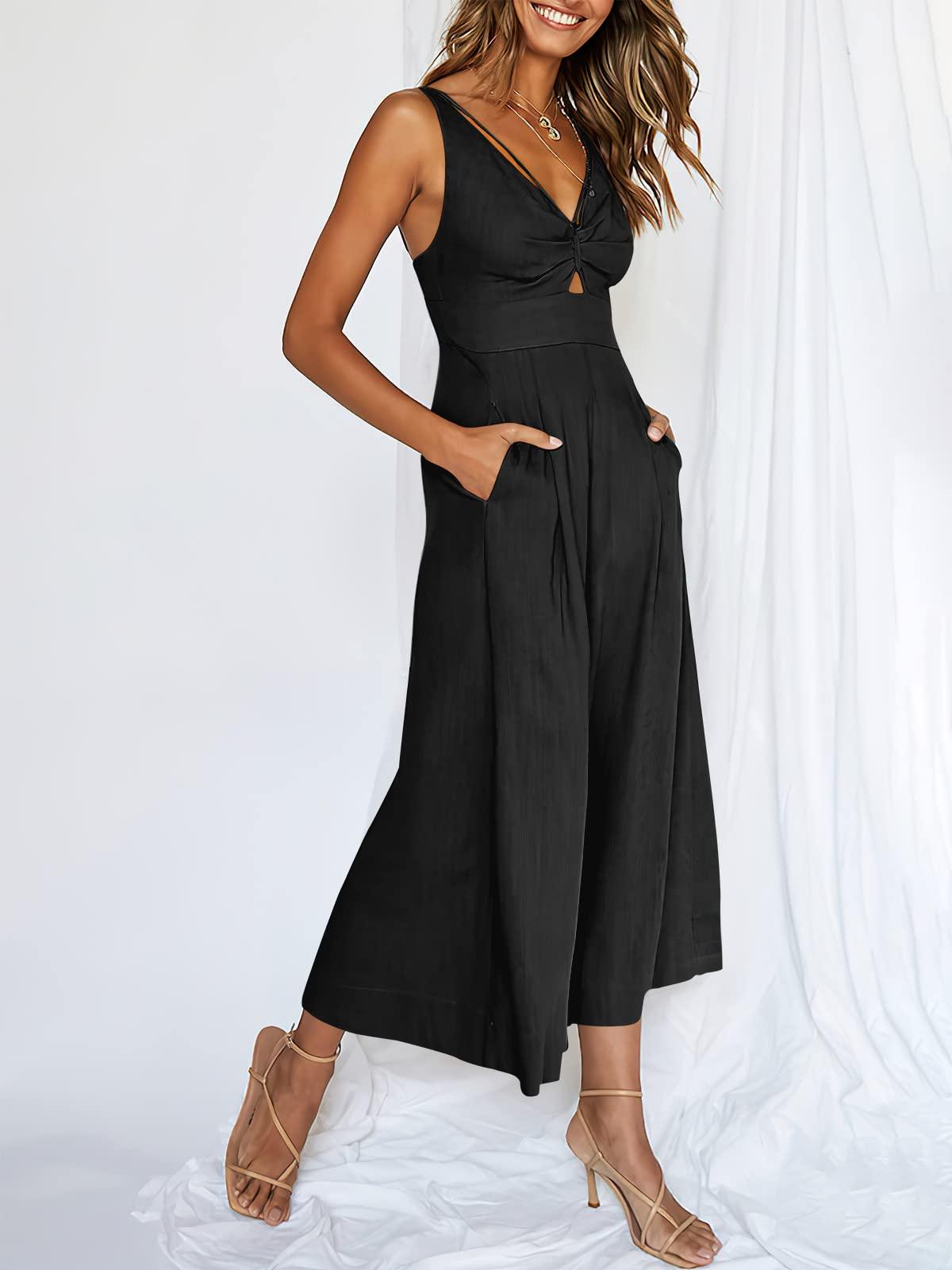 V Neck Cutout High-Waist Jumpsuits - dressowy