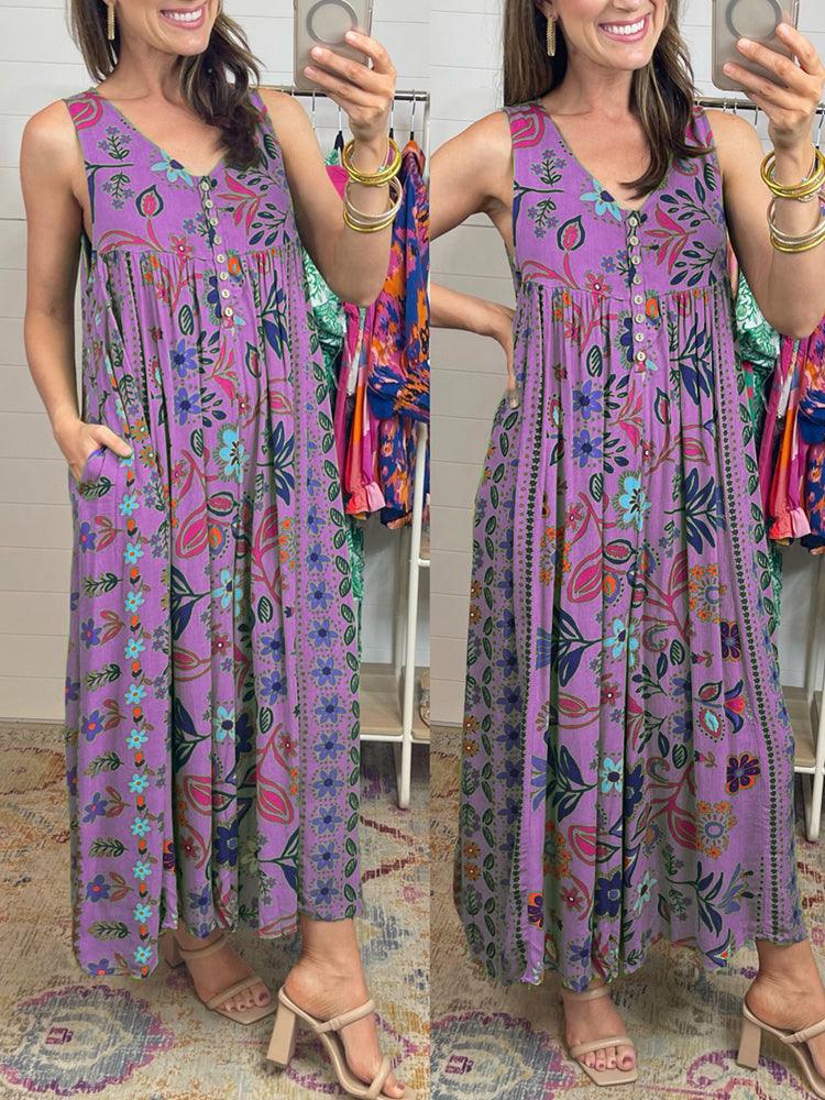 Vintage floral print loose sleeveless jumpsuit-FREE SHIPPING - dressowy